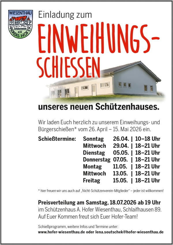 Schützenhaus-Einweihung und Sommerfest 2026